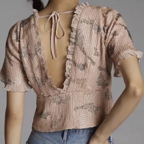 NWT Anthropologie Forever That Girl Sequined Blouse Size M V-Neck Neutral - Picture 6 of 14